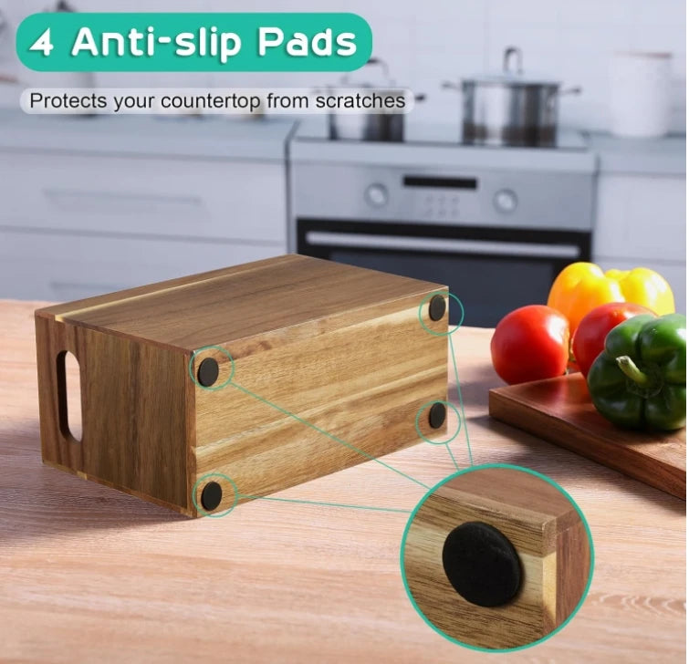 Rectangle Wooden Acacia Wood Handcrafted 3 Compartment Utensil Holder Silverware Organizer for Kitchen Counter Storage