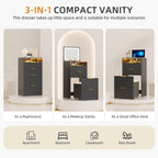 PHOENIX HOME 3-in-1 Compact Makeup Vanity Set Small Fluted Black Nightstand 3 Drawers Hidden Dressing Table for Bedroom