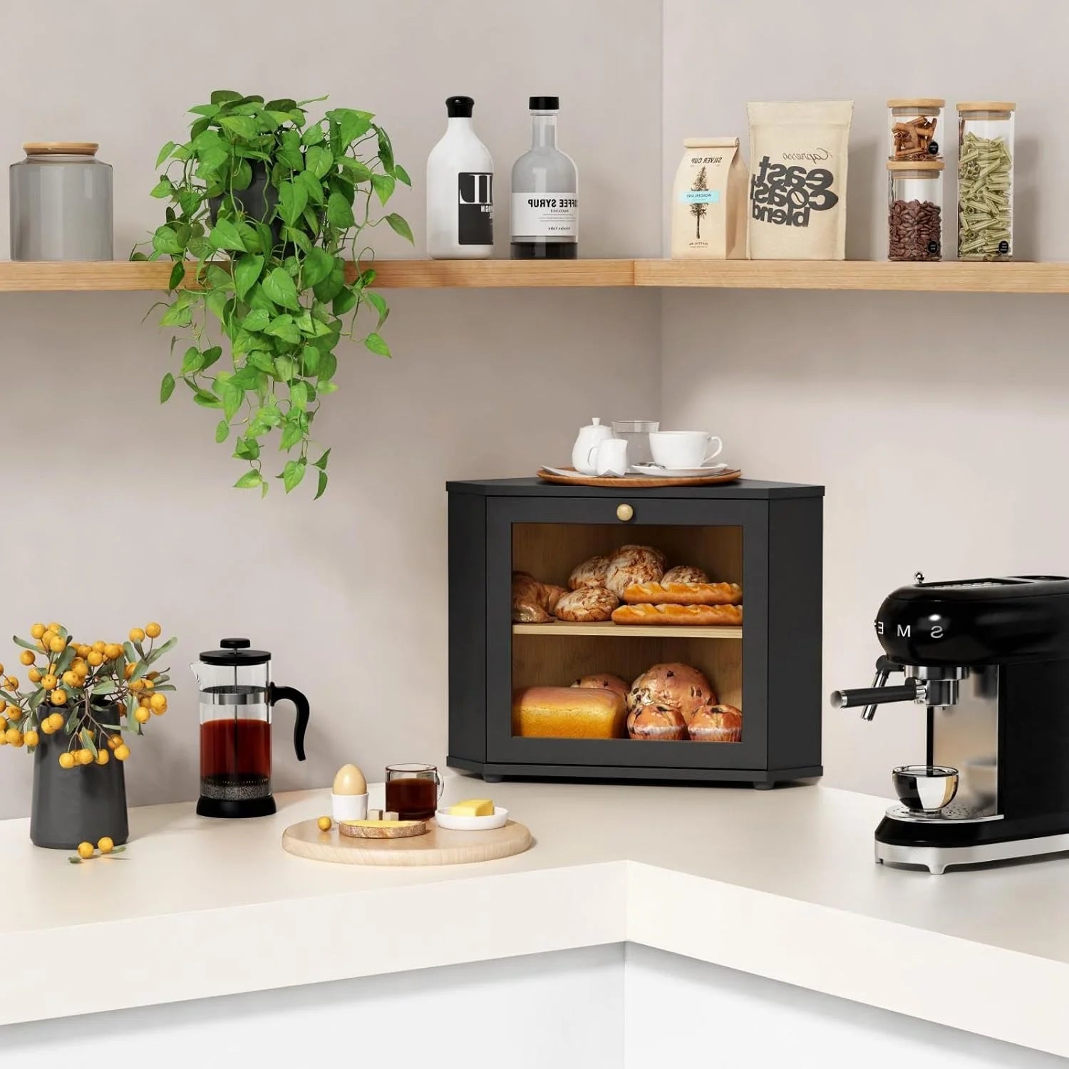 SINCERE Black Bamboo Double Layer Large Kitchen Organizer Wooden Corner Bread Box Countertop Cabinet PP Homemade Bread Storage