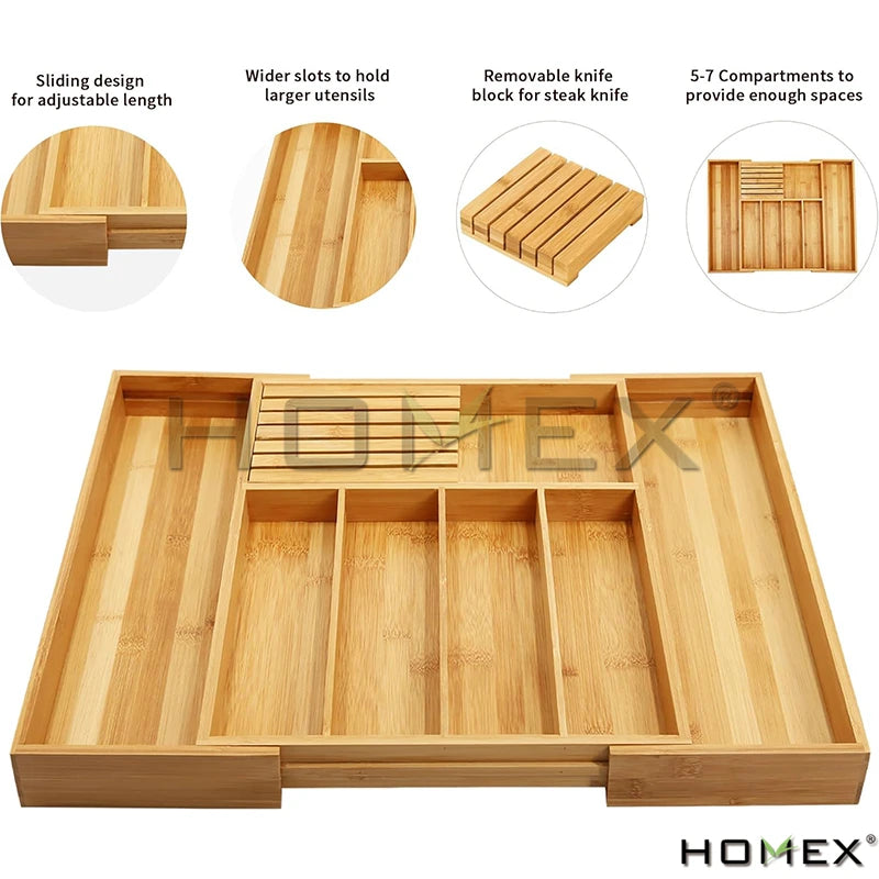 Homex| Ready to Ship Natural Bamboo Drawer Organizer Cutlery Storage Tray Kitchen Cutlery Organizer with Knife Holder
