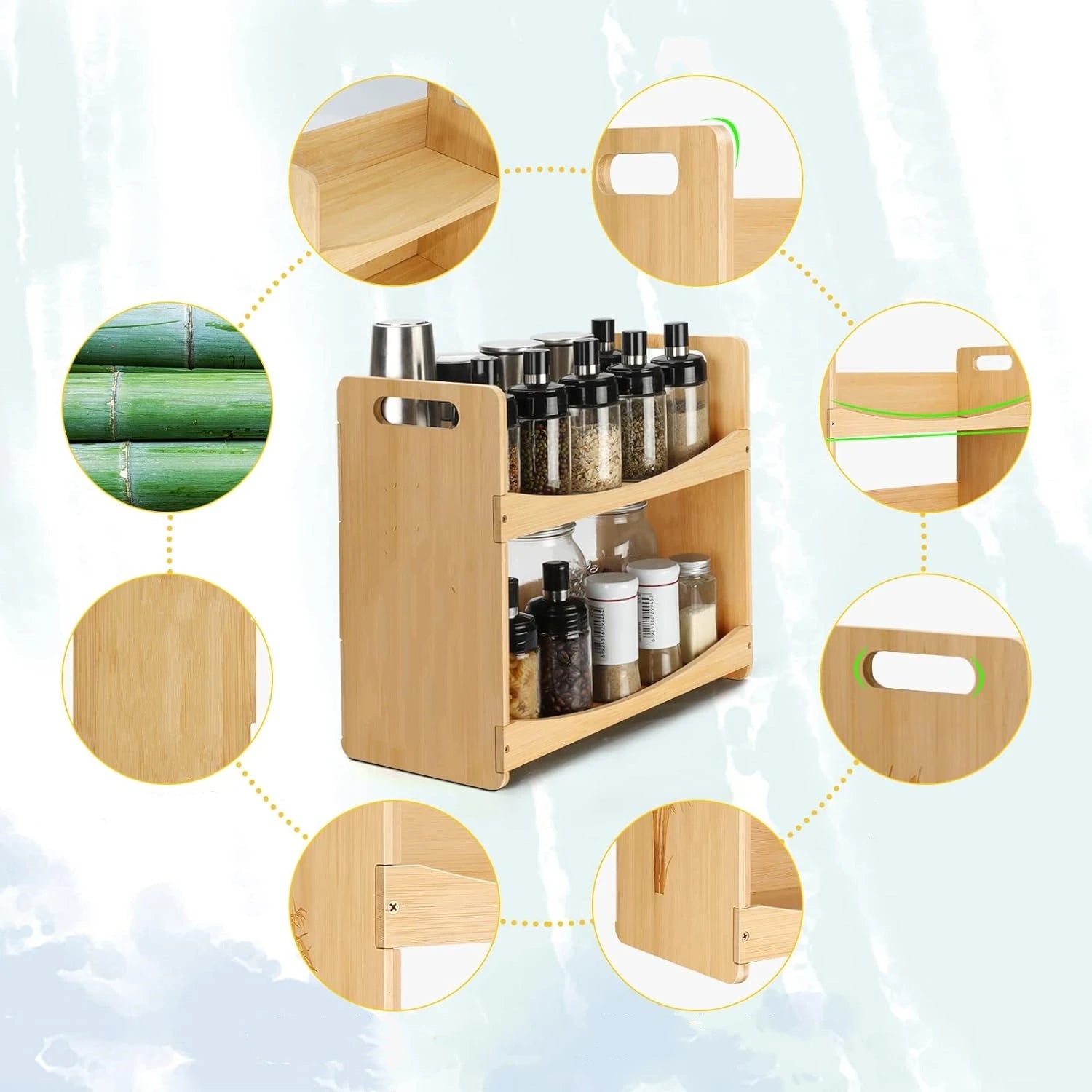 Bamboo 2-Tier Folding Eco-Friendly Vintage Spice Organizer Rack for Kitchen Pantry Office Storage