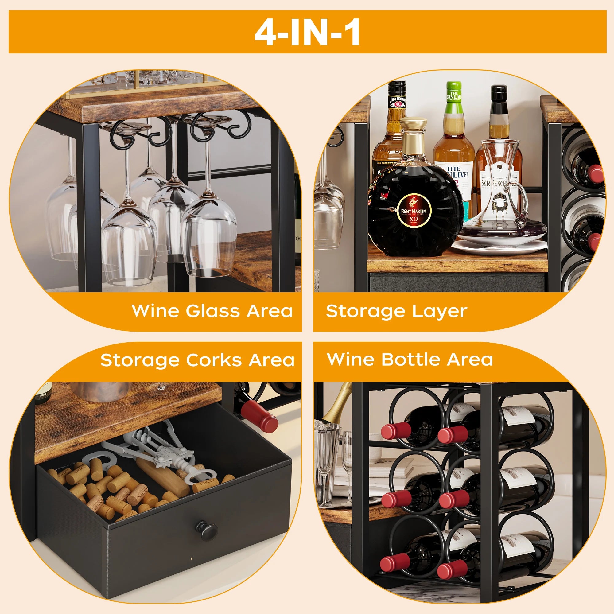 Rustic Wooden Wine Rack with Glass Holder Countertop Wine Rack Wooden Wine Holder with Tray for Home Decor Kitchen Storage