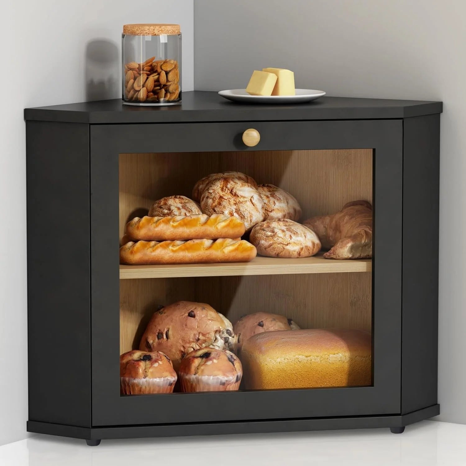 SINCERE Black Bamboo Double Layer Large Kitchen Organizer Wooden Corner Bread Box Countertop Cabinet PP Homemade Bread Storage