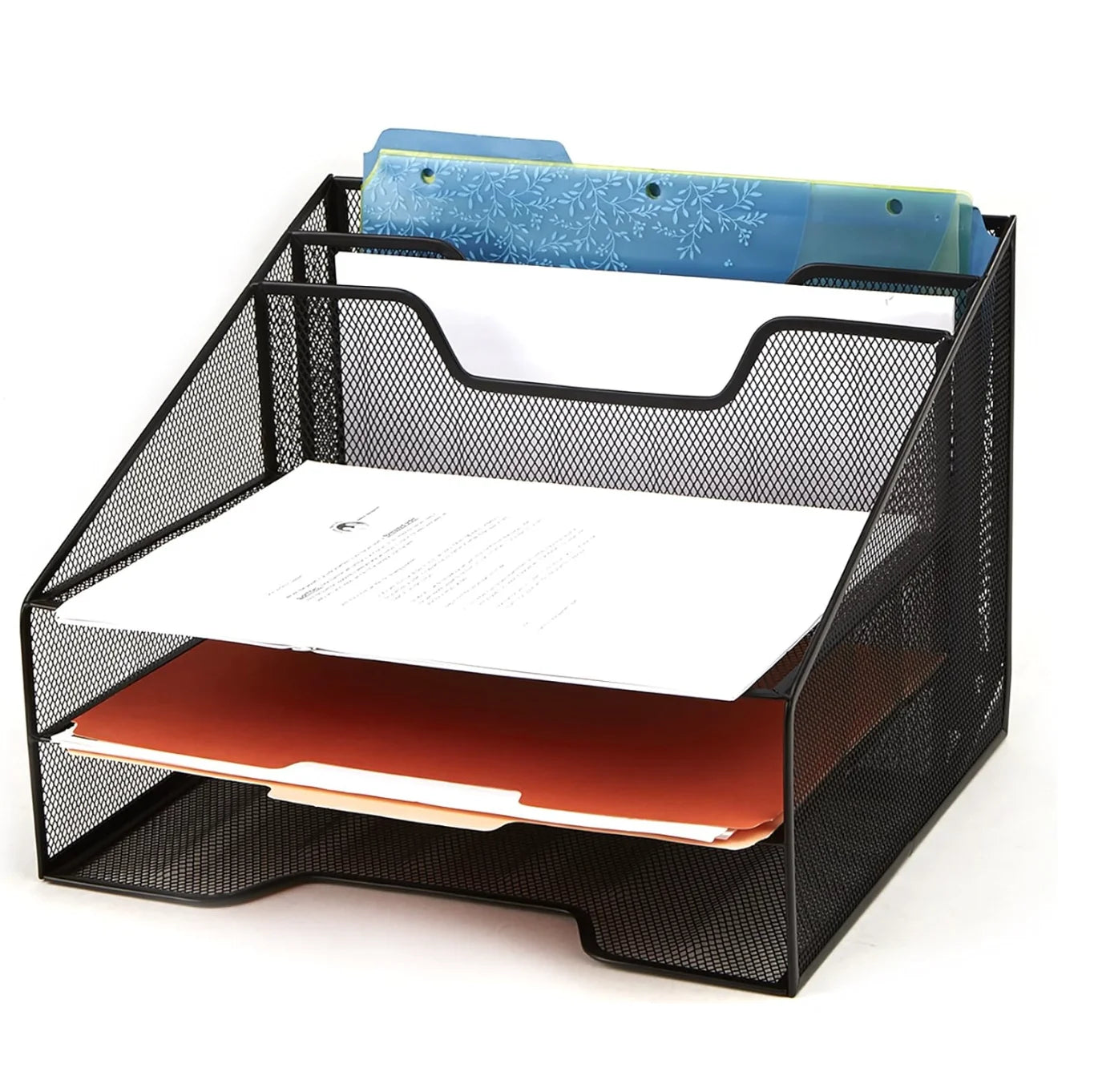 Metal Mesh 3-Tier 5-Compartment Desktop Organizer with 2 Vertical File Holders and 3 Horizontal Paper Trays Desktop Organizer