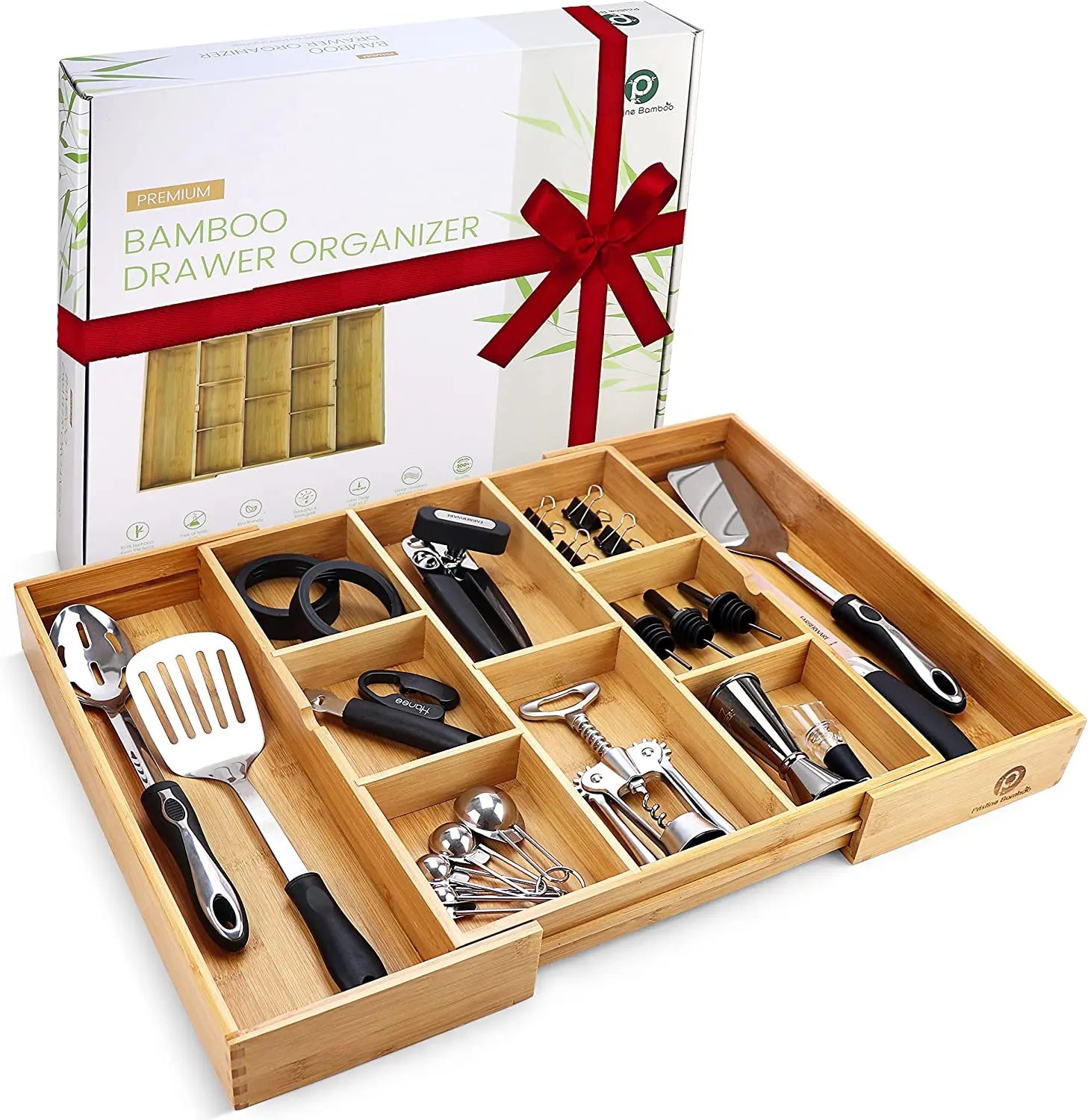 Bamboo Expandable Drawer Organizers Knife Box Tool Storage for Kitchen Storage - Extra Deep Non-Slip (expands up to 25 Inches)