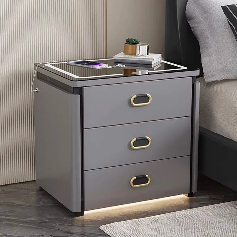 Smart Bed Side Storage Table Wireless Charging 3 Drawers Safe Fingerprint Lock Led Light Cabinet Bedroom Furniture Wholesale