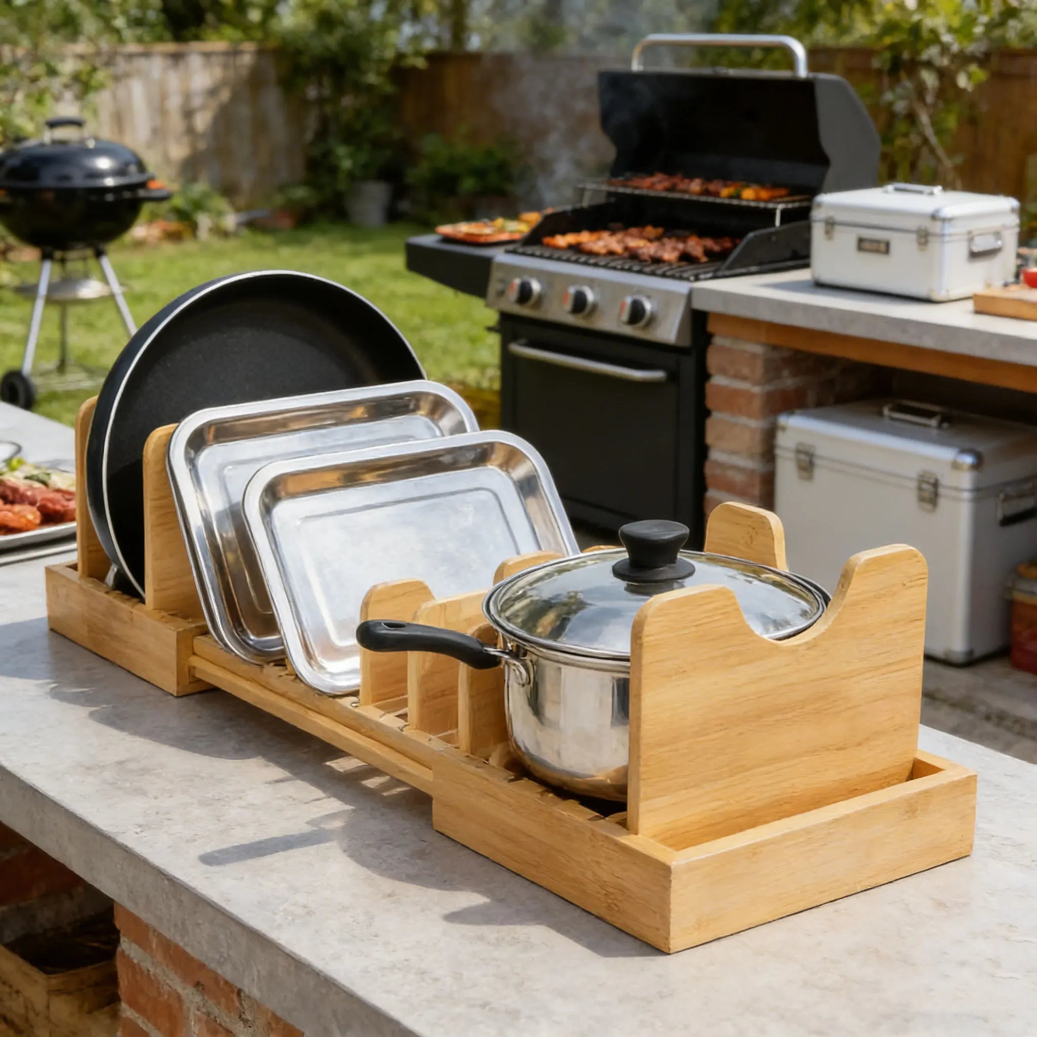 Bamboo Expandable Bakeware Pots and Pans Organizer Under Cabinet Organizers Adjustable Pot Lids Holder Rack for Kitchen Storage