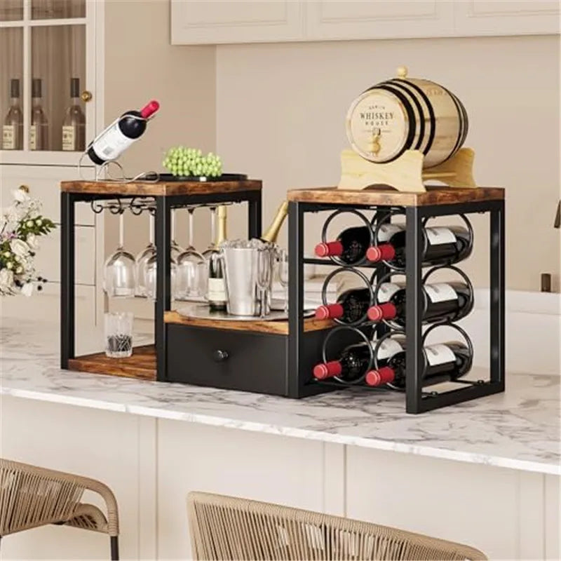 Rustic Wooden Wine Rack with Glass Holder Countertop Wine Rack Wooden Wine Holder with Tray for Home Decor Kitchen Storage