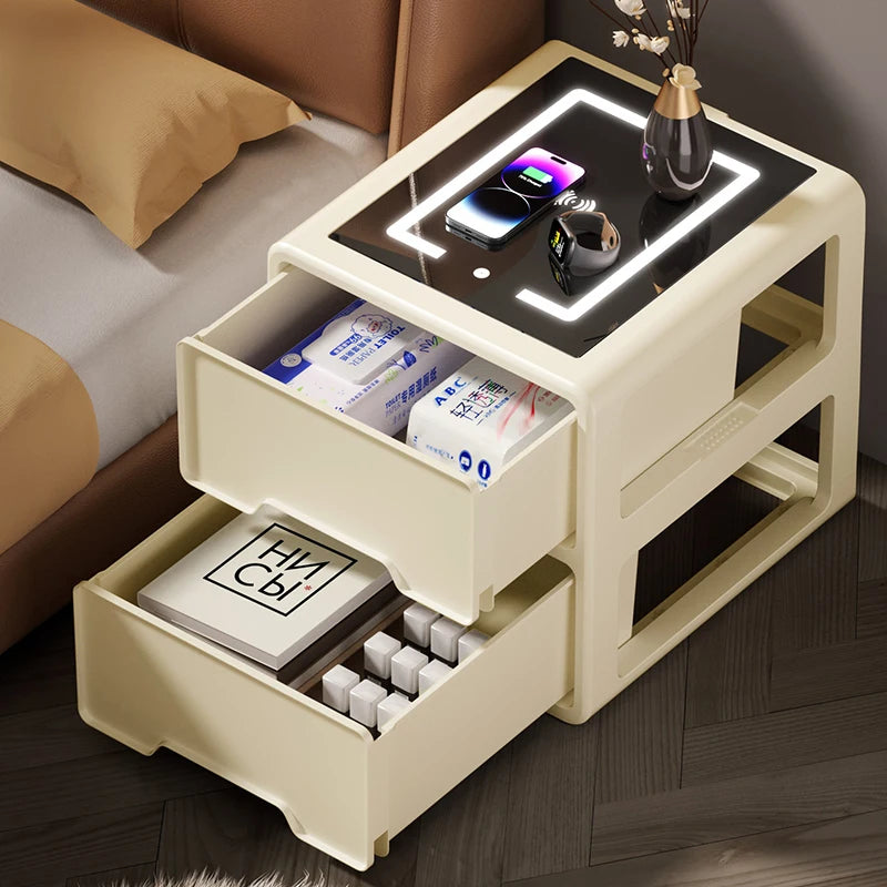 Nightstand Table Fingerprint Unlock Modern Smart Bedside Side Table Black With Wireless Charger Station