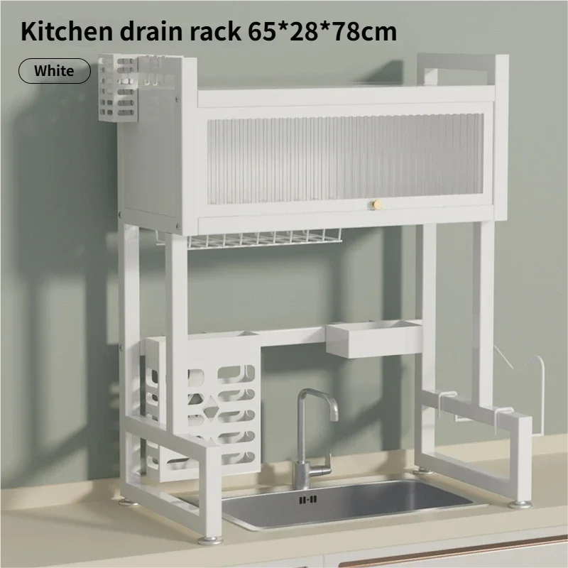 Over the Sink Dish Drying Rack Dish Drainer Racks with Dust-proof Cabinet Door Space-Saving Kitchen Organizer for Dishes
