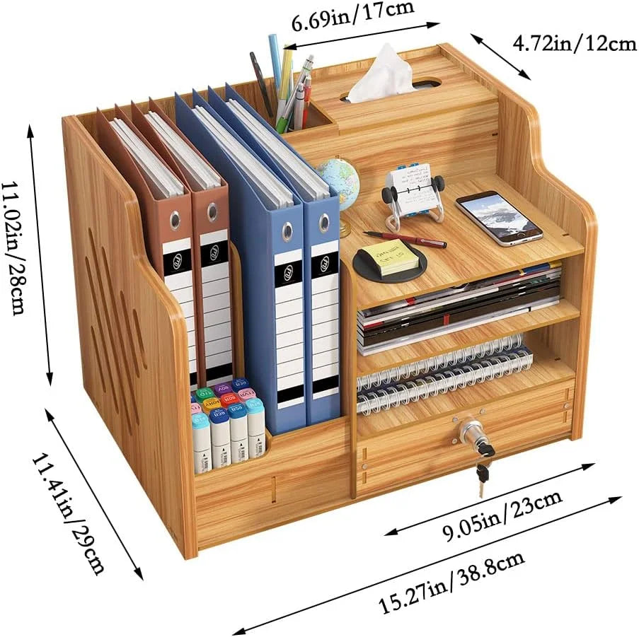 Wooden Desktop Organiser Workspace,DIY Desk Tidy Stationary Storage Cabinet Document Holder for Home Office Supplies