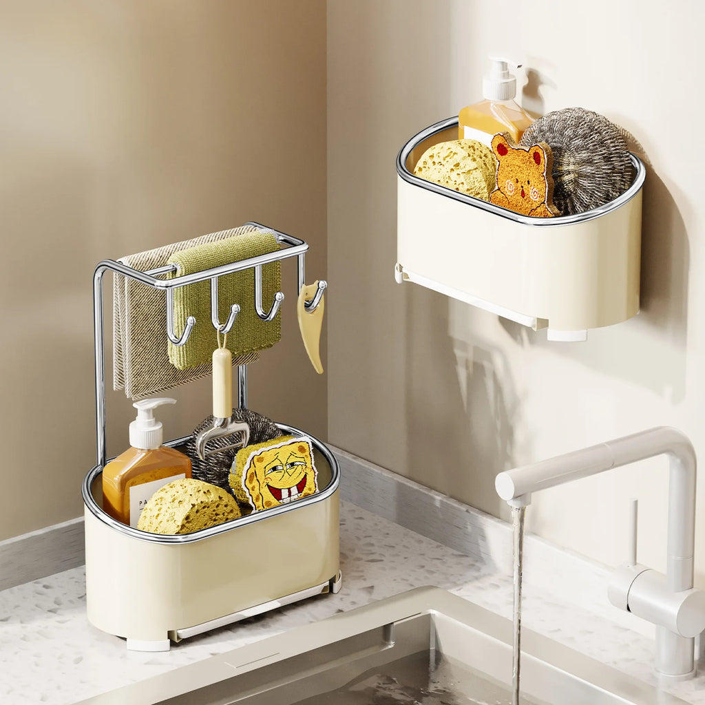 Kitchen Cloth and Towel Drying Rack Punch-free Wall-mounted Storage with Dishcloth Tray and Sink Storage
