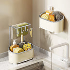 Kitchen Cloth and Towel Drying Rack Punch-free Wall-mounted Storage with Dishcloth Tray and Sink Storage
