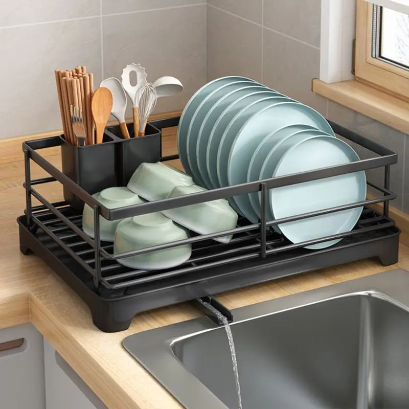 Modern Metal Multi-Purpose Kitchen Organizer Over-Sink Dish Drying Rack with Drain Storage for Plates Bowls Utensils