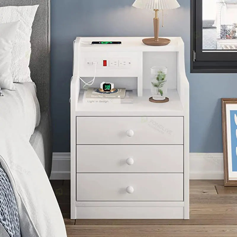 Modern Multi-functional White Bedside Table Creative Luxury Nightstand Cabinet with Charging Station and Usb Ports