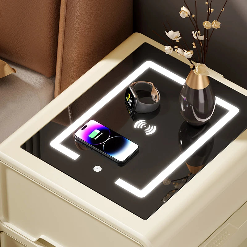 Nightstand Table Fingerprint Unlock Modern Smart Bedside Side Table Black With Wireless Charger Station