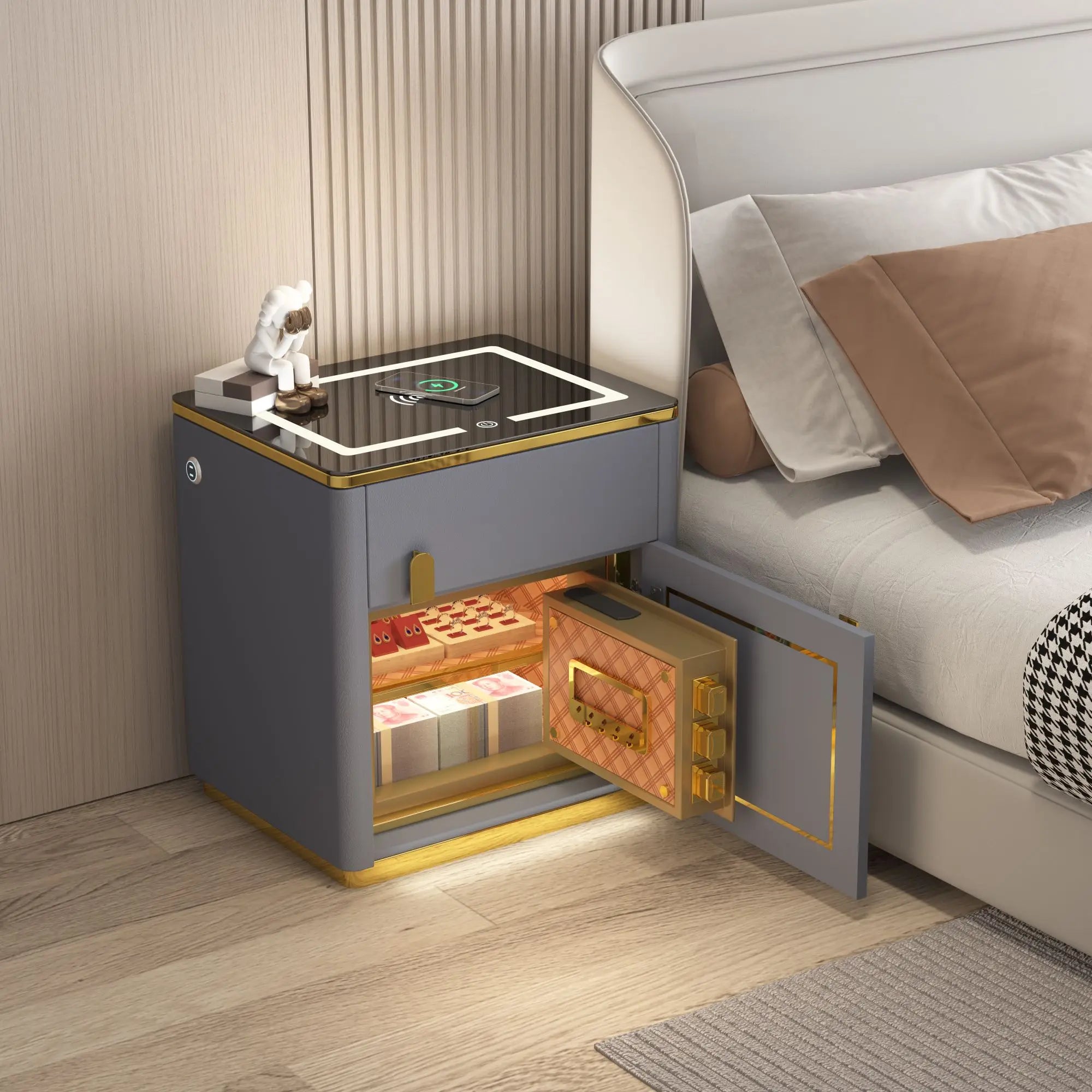 Light Luxury Modern Smart Bedside Table Small Multifunctional Invisible Integrated Safe Wireless Charging Password Living Room