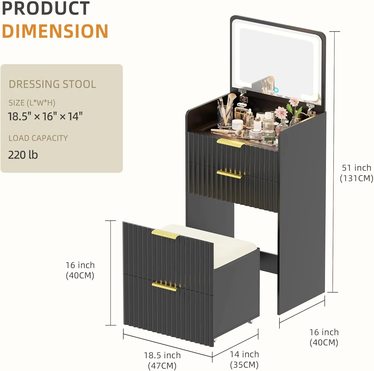 PHOENIX HOME 3-in-1 Compact Makeup Vanity Set Small Fluted Black Nightstand 3 Drawers Hidden Dressing Table for Bedroom