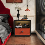 Minimalist Steel Bedside Table Simple Design Black Frame Wood Grain Panel