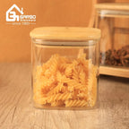 China Supplier High Borosilicate Glass Jars for  Kitchen or Home Storage Bottle Sets  with Bamboo Lids and Stand Customized