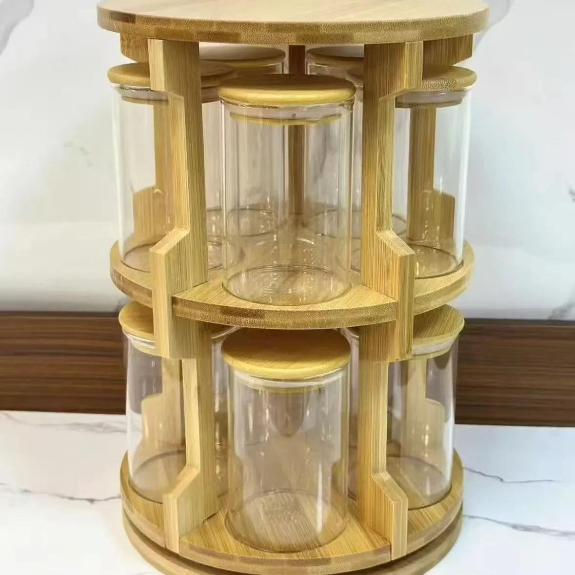 High Borosilicate Glass Kitchen Storage tank with 360 Degree Rotating Wooden Frame Household glassware Container & Glass Jars