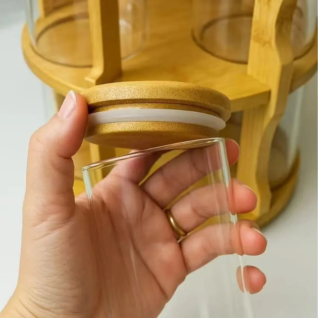 High Borosilicate Glass Kitchen Storage tank with 360 Degree Rotating Wooden Frame Household glassware Container & Glass Jars