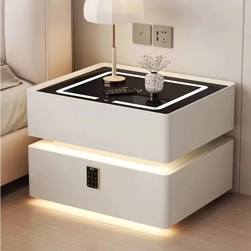 2025 MYUZ Bedroom Floating Nightstand Glass Sustainable Modern Luxury Smart Multifunctional Wireless LED Light Food
