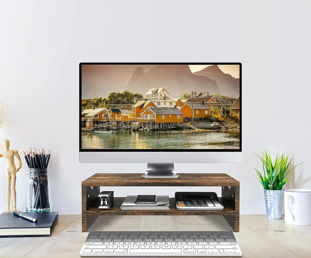 Monitor Stand Riser, 2 Tiers Laptop Computer Monitor Riser , Desktop Wooden Screen Monitor Stand Riser with Storage Organizer