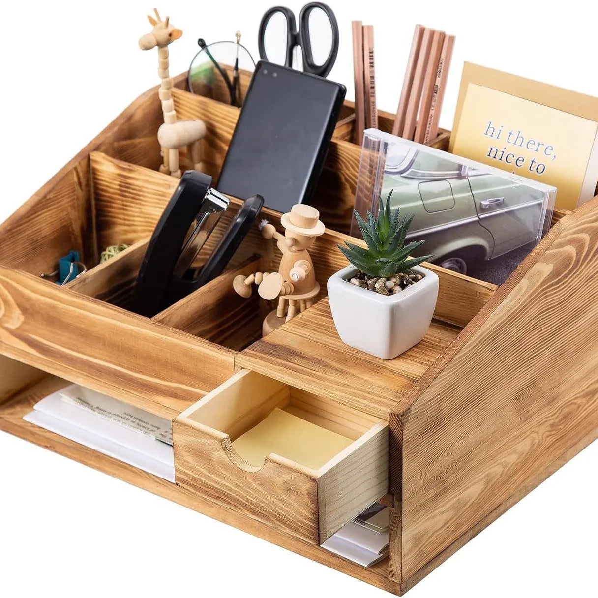 Wooden Rectangular Stackable Desktop Drawer Storage Box with File Organizer Pen Holder Office Decoration Set for Office Bedroom