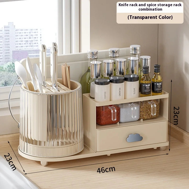 Multilayer Kitchen Storage Organizer with Rotating Utensil Holder - Condiment & Spice Rack with Drawer Spice Jar Organizer