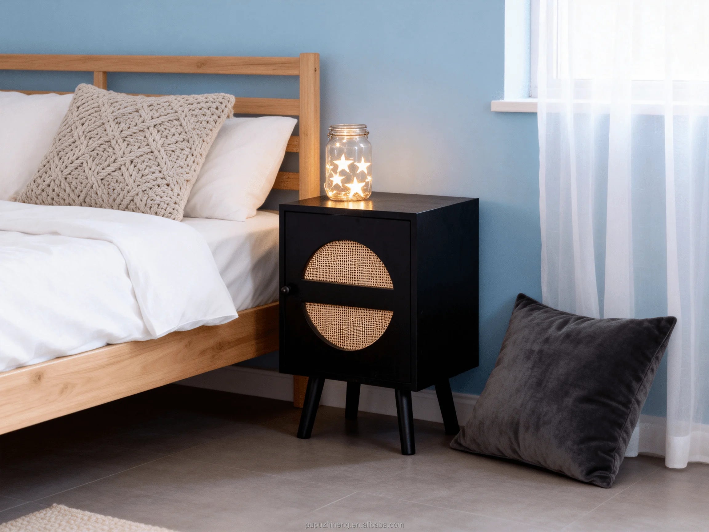 Wooden Bedside Table Natural Light Rattan Accent Matte Black Modern Minimalist Apartment Storage Side Table 15mm PB Board