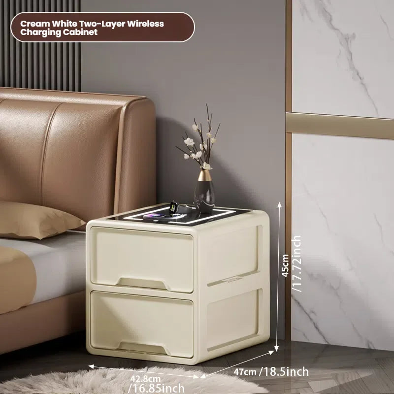 Nightstand Table Fingerprint Unlock Modern Smart Bedside Side Table Black With Wireless Charger Station