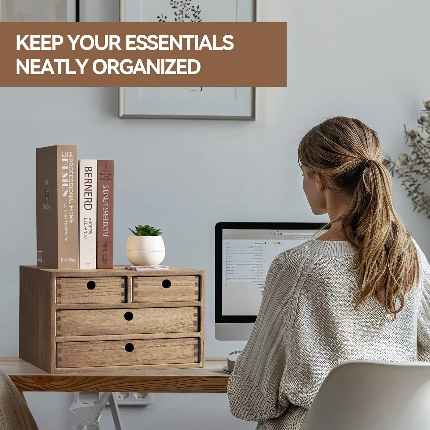 Wood Desktop Storage Cabinet/Workspace Document Office Organizer with 4 Drawers/Home,office Letter Mail Sorter Hold Makeup Box