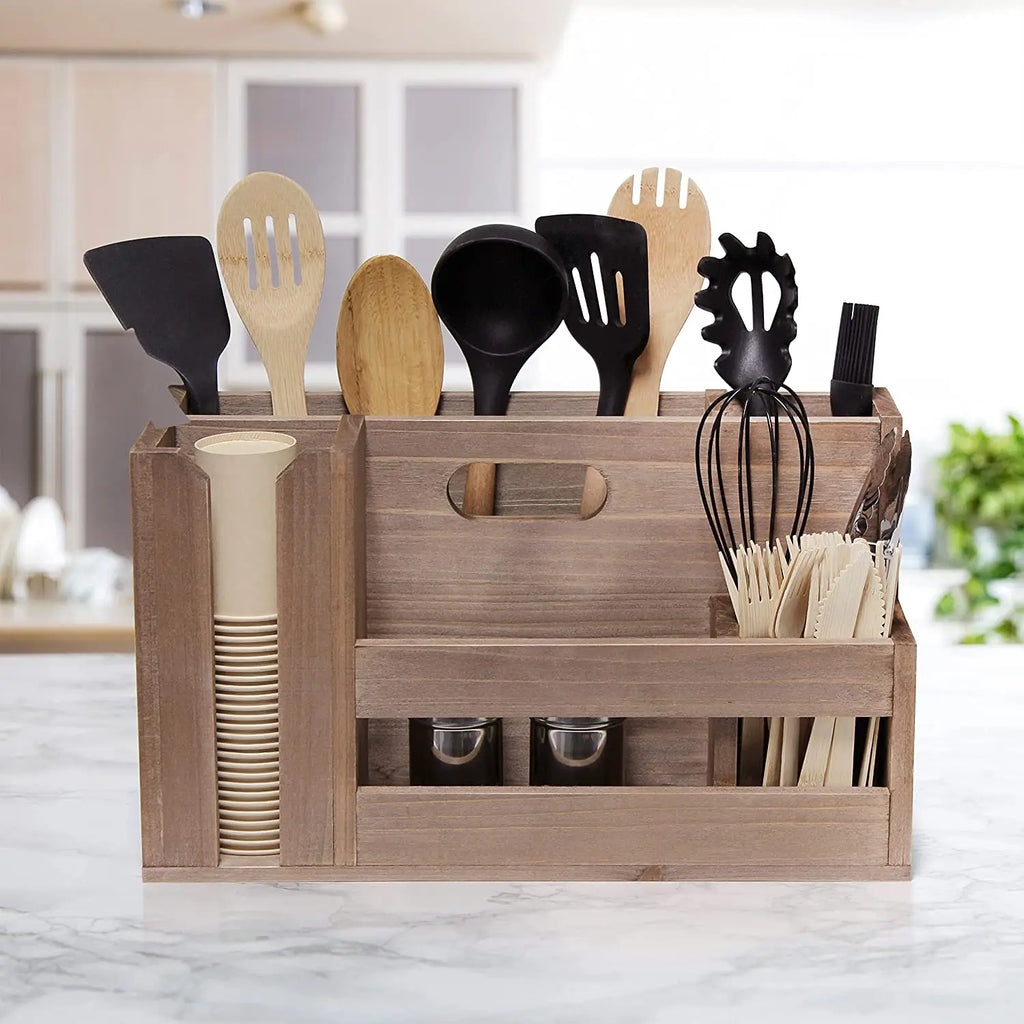 Factory Price Clean up Easy Cutout Handle Compartments Wooden Kitchen Accessories Organizer Box Kitchen Storage