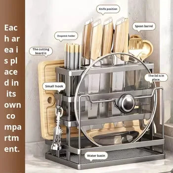 Multi-purpose Double Tier Wall-Mounted Kitchen Storage Cage Carbon Steel Knife & Cutting Board Rack Modern Multi-functional