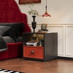 Minimalist Steel Bedside Table Simple Design Black Frame Wood Grain Panel