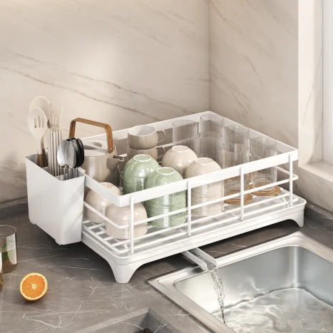 Kitchen & Living Room Dish Drainer Rack Expandable Metal Organizer with Printed Logo OEM Over-the-sink Storage