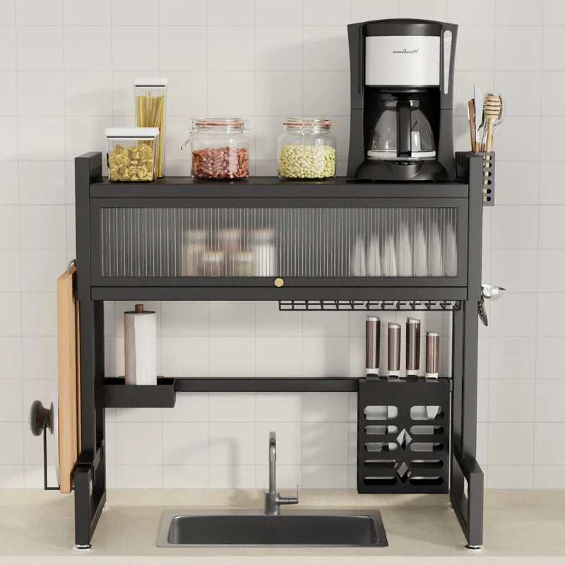 Over the Sink Dish Drying Rack Dish Drainer Racks with Dust-proof Cabinet Door Space-Saving Kitchen Organizer for Dishes