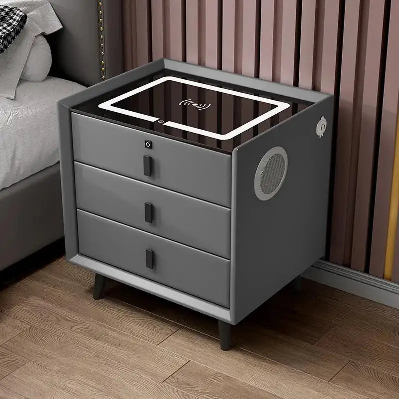 Modern Solid Wood Nightstands Multi-Functional Smart Bedside Cabinet Light Fingerprint Lock Wireless Charging Bluetooth Bedroom