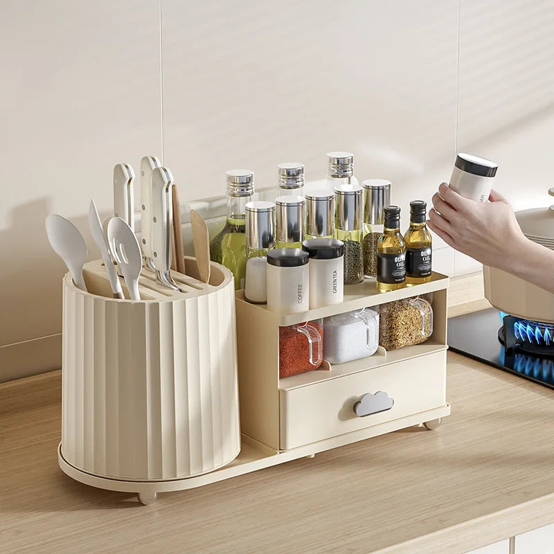 Multilayer Kitchen Storage Organizer with Rotating Utensil Holder - Condiment & Spice Rack with Drawer Spice Jar Organizer