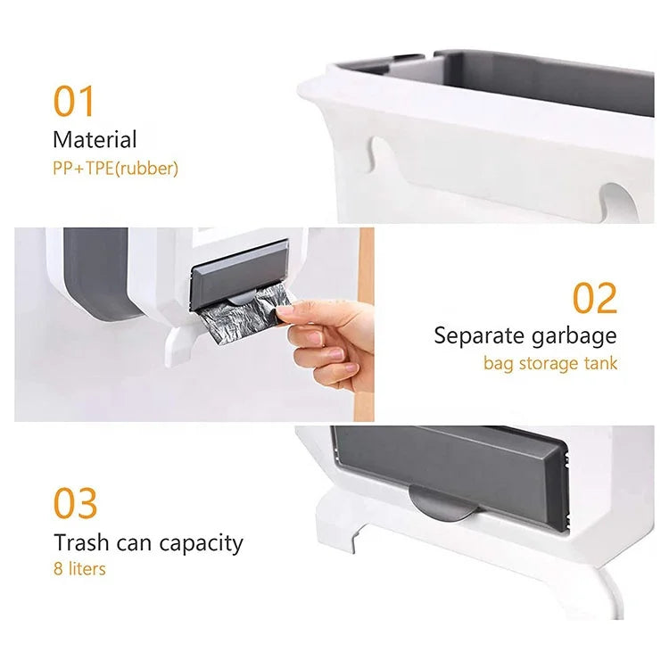 8L Hanging Kitchen Garbage Bin Plastic Collapsible Trash Can with Trash Bag Storage for  Cabinet Door Bathroom Car