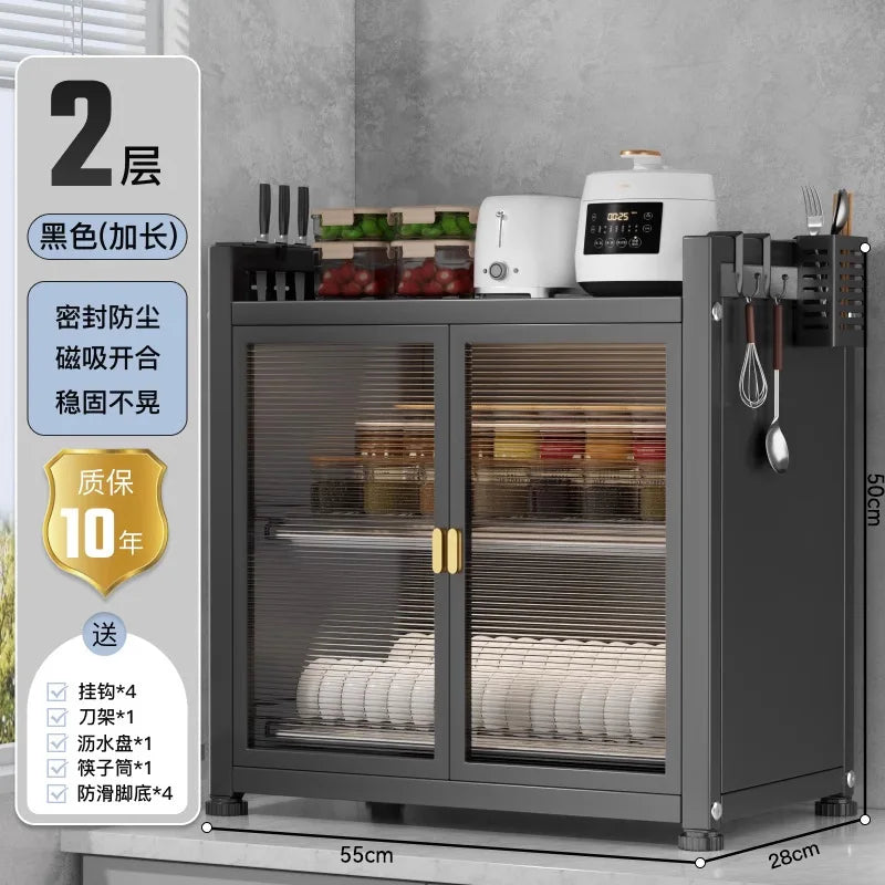 Three Layer Large Capacity Kitchen Steel Storage Holders Storage Shelf Dustproof Kitchen Storage Cabinet With Doors