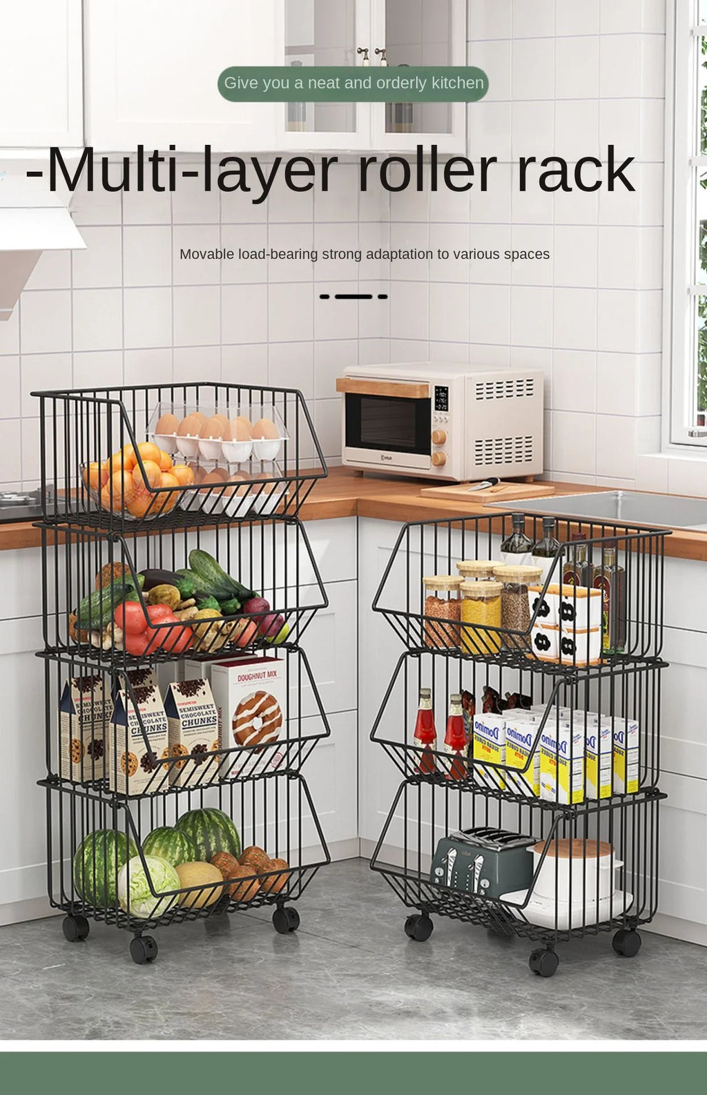 Modern Simple Floor Standing 5-Tier Non-Folding Movable Kitchen Storage Rack for Home Use