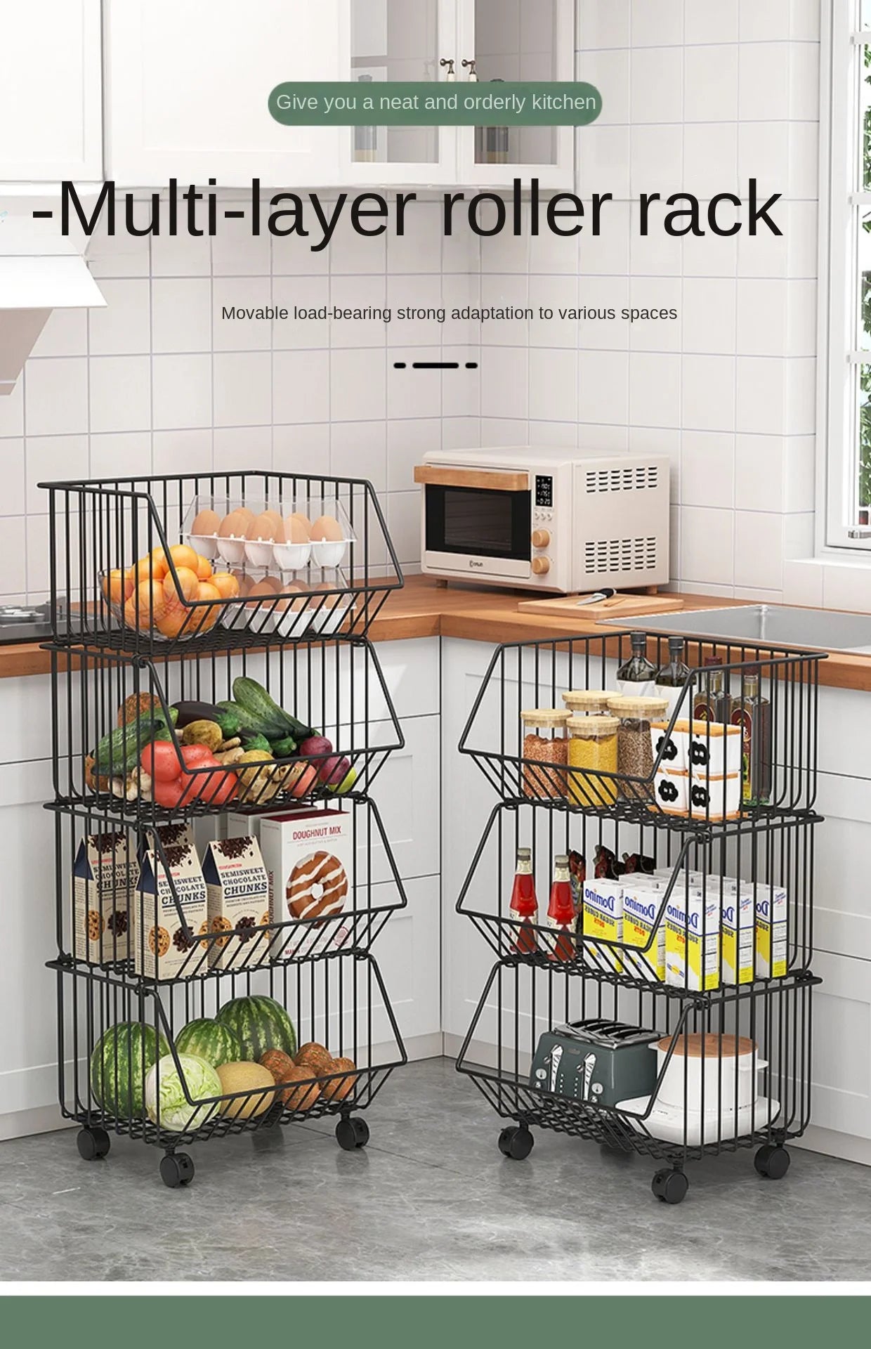 Modern Simple Floor Standing 5-Tier Non-Folding Movable Kitchen Storage Rack for Home Use