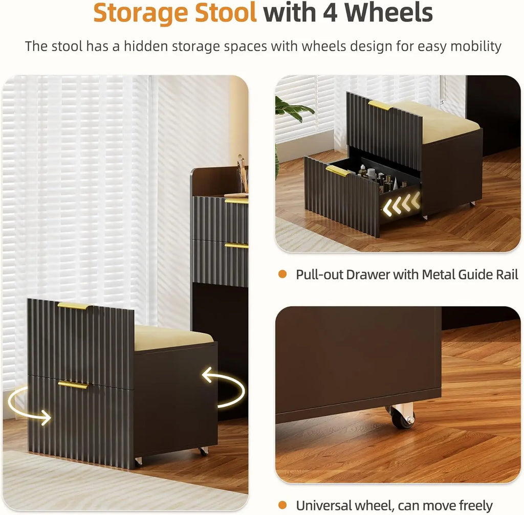 PHOENIX HOME 3-in-1 Compact Makeup Vanity Set Small Fluted Black Nightstand 3 Drawers Hidden Dressing Table for Bedroom