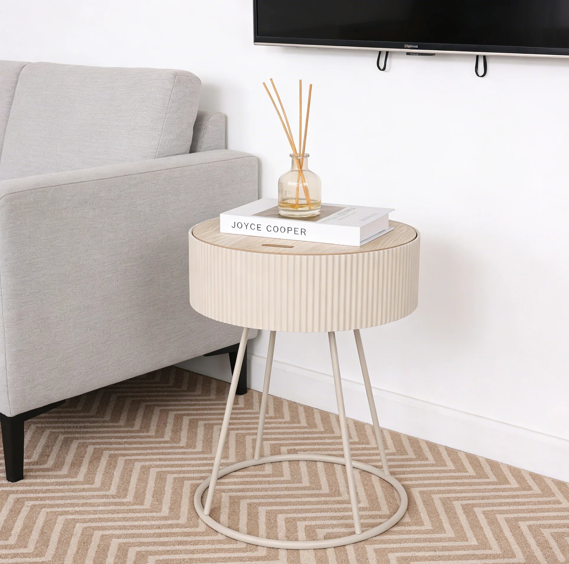 Small Round Bedside Table with Removable Storage Tray & Solid Robust Ring-shaped Metal Base Side Table for Bedroom, Living Room