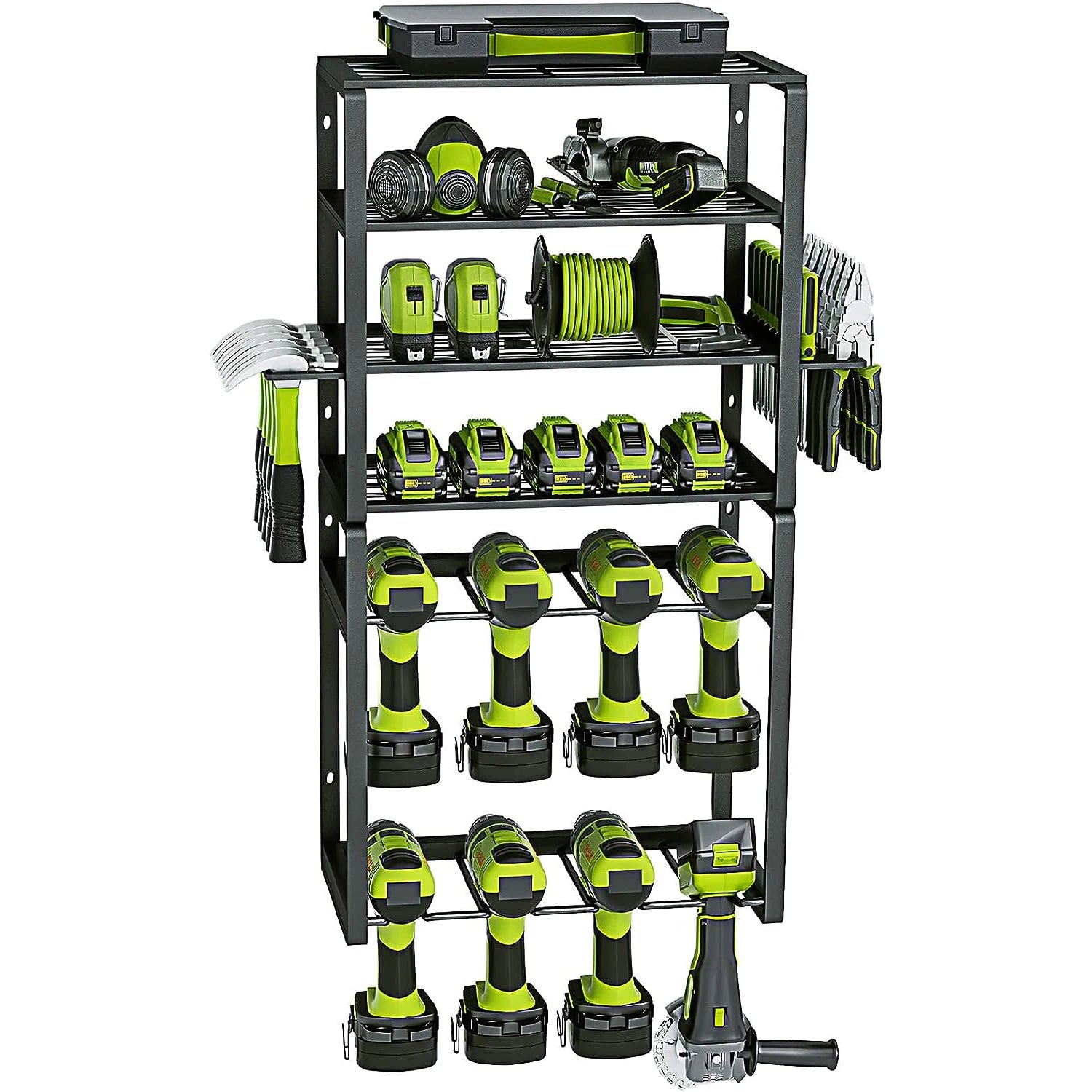 Multifunctional Black Carbon Steel Power Tool Organizer Drill Holder with Five-Tier Wall Mount Rectangle Garage Use Utility Rack