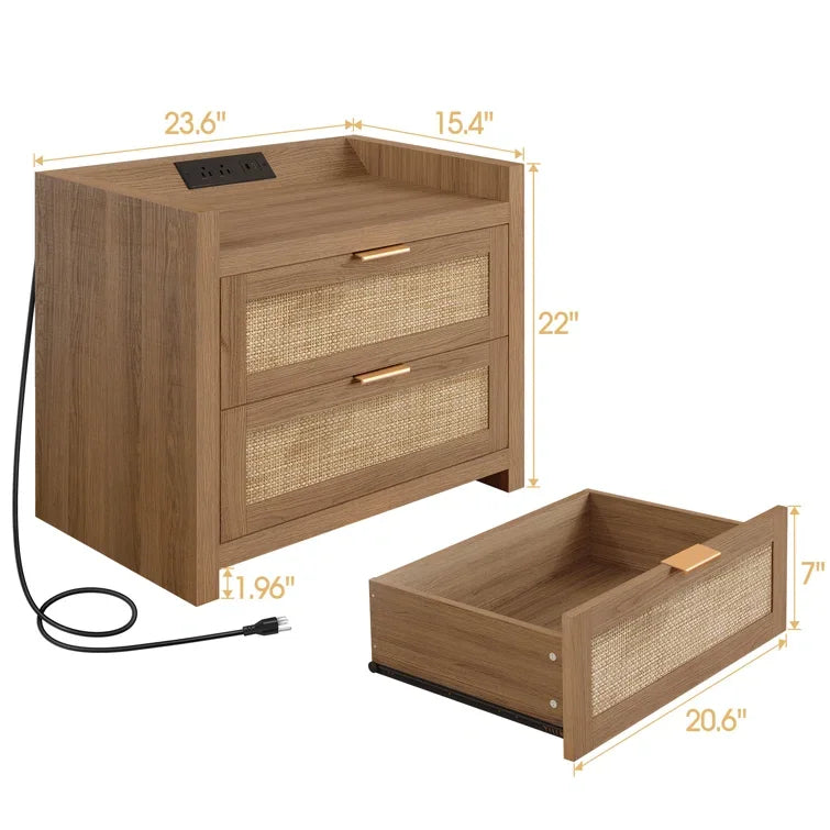 Nightstand (Set of 2) Rattan Nightstand Comes with 2 Power Outlets, 1 Type-C Port Elegant Boho Design Nightstand