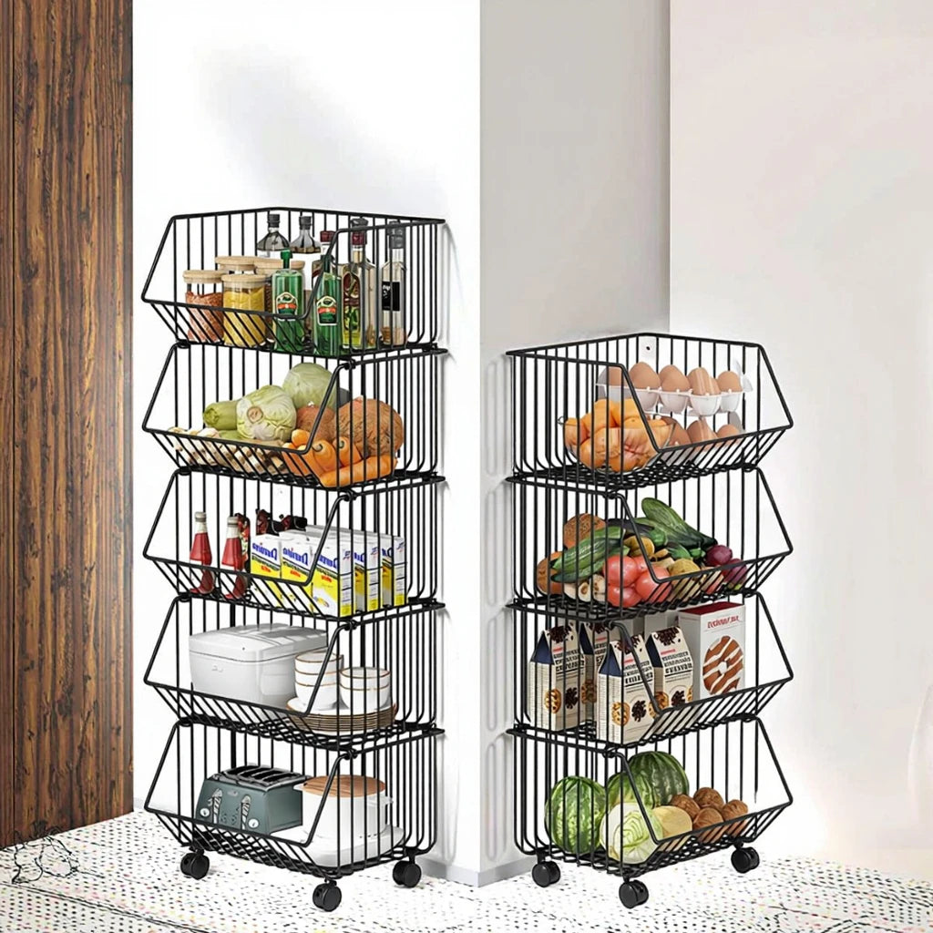 Modern Simple Floor Standing 5-Tier Non-Folding Movable Kitchen Storage Rack for Home Use