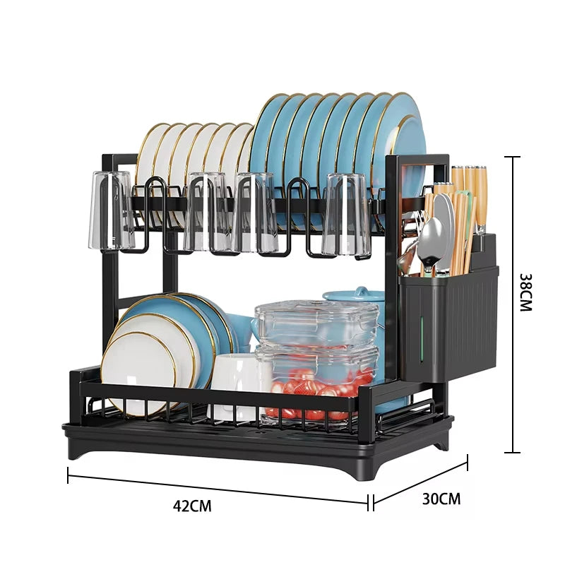 Double-Layer Dish Rack Kitchen Countertop Storage Rack Multifunctional Carbon Steel Dish Drying Rack